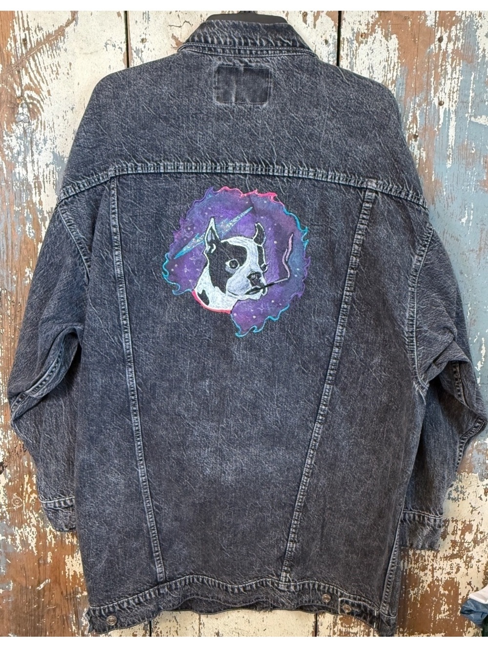 American Eagle Black Acid Wash Long Denim Jacket Oversized-XL Dog Custom